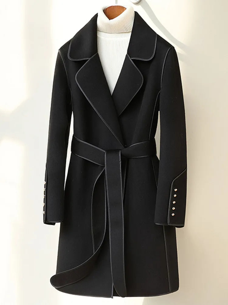 2024 Winter New Wool Coats For Women Lapel Long Sleeves Belt Coats Office Lady Fashion