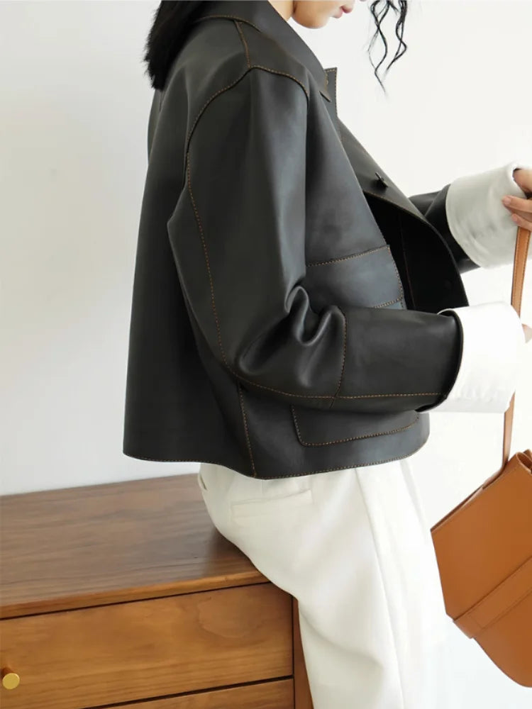 Vintage Luxe: Retro Short Leather Jacket with Chic Collar