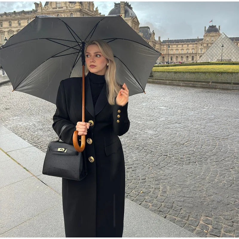 2024 Black Woolen Overcoat with Golden Button Accents