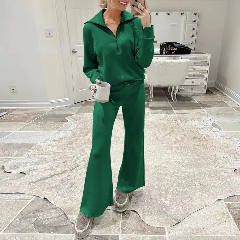 1Set Women Two - piece Suit Wide Leg Oversized Sweatshirt Pants Set Thick Loose Solid Color Tracksuit Set with Lapel Coat for Fall - Trendy Mix