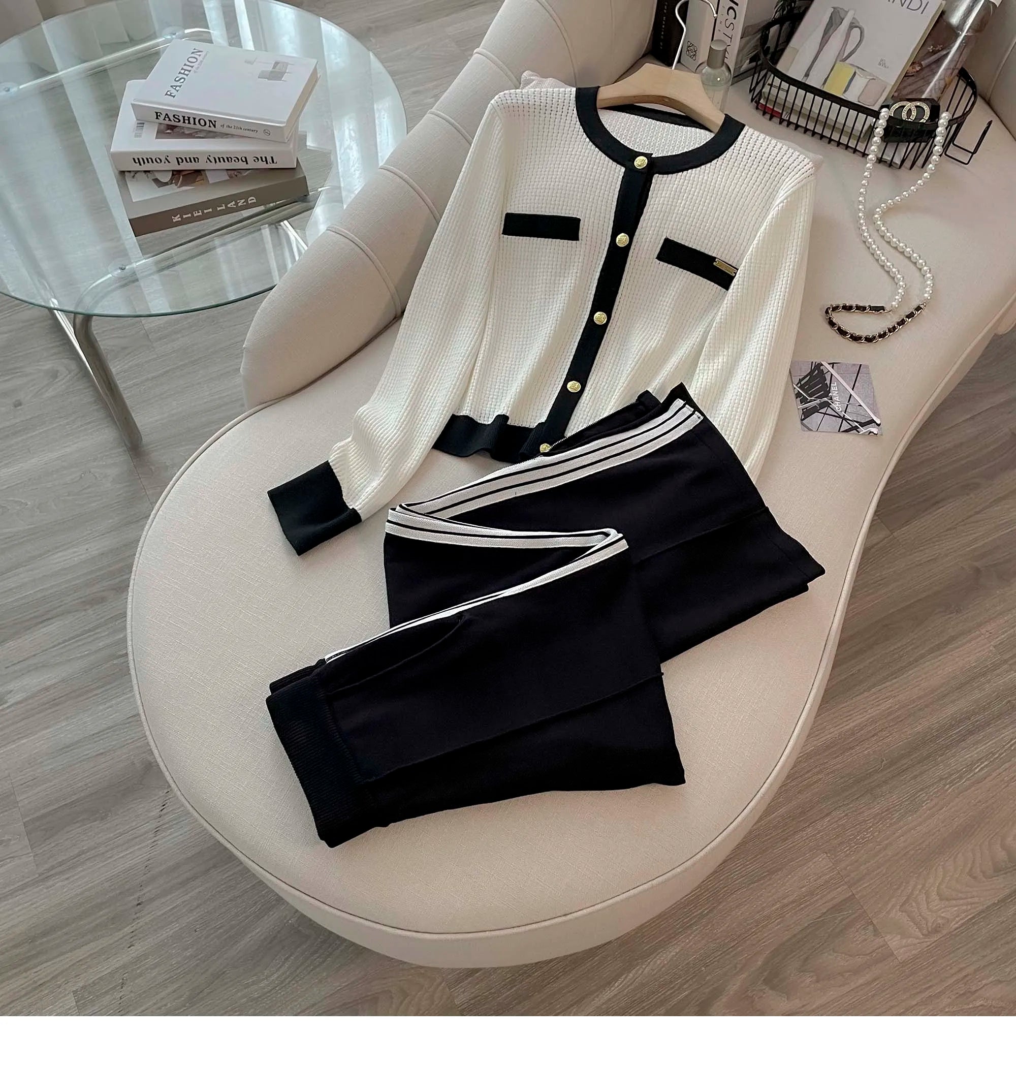 Women Knitted 2 Piece Suit Sweater cardigan Top And Pant Two Piece Set Matching Outfit  Stripe Elegant Chic Winter Clothing