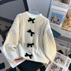 Vintage Knitted Cardigan with Bow for Women