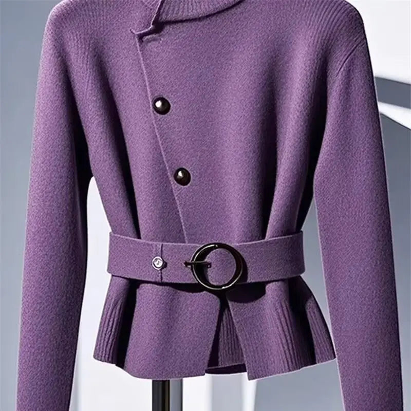 High End Turtleneck Wool Knit Sweater Cashmere Cardigan Soft Purple Knitwear Belt