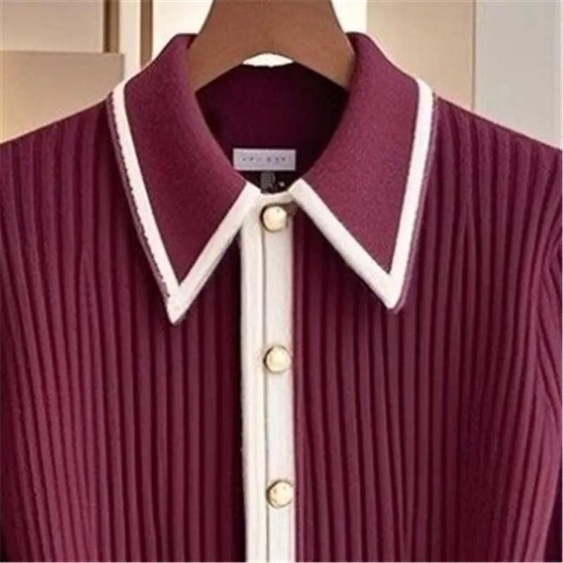 Wine Red Polo Knit Cardigan