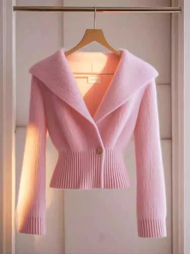 Pink Large Collar Slim Fit Knitted Sweater Jacket