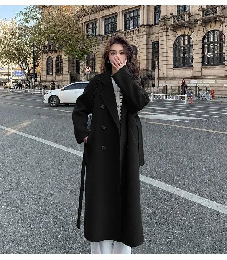 Elegant Comfort: 2024 Korean Loose-Fit Belted Wool Overcoat