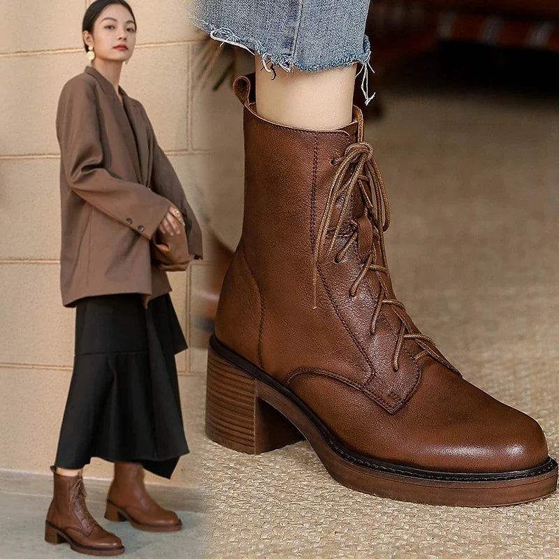 2024 Winter Genuine Leather Women Boots Round Toe Thick Heel Lace Up Fashion Ankle Boots Retro Boots  Platform Shoes Heels Grown