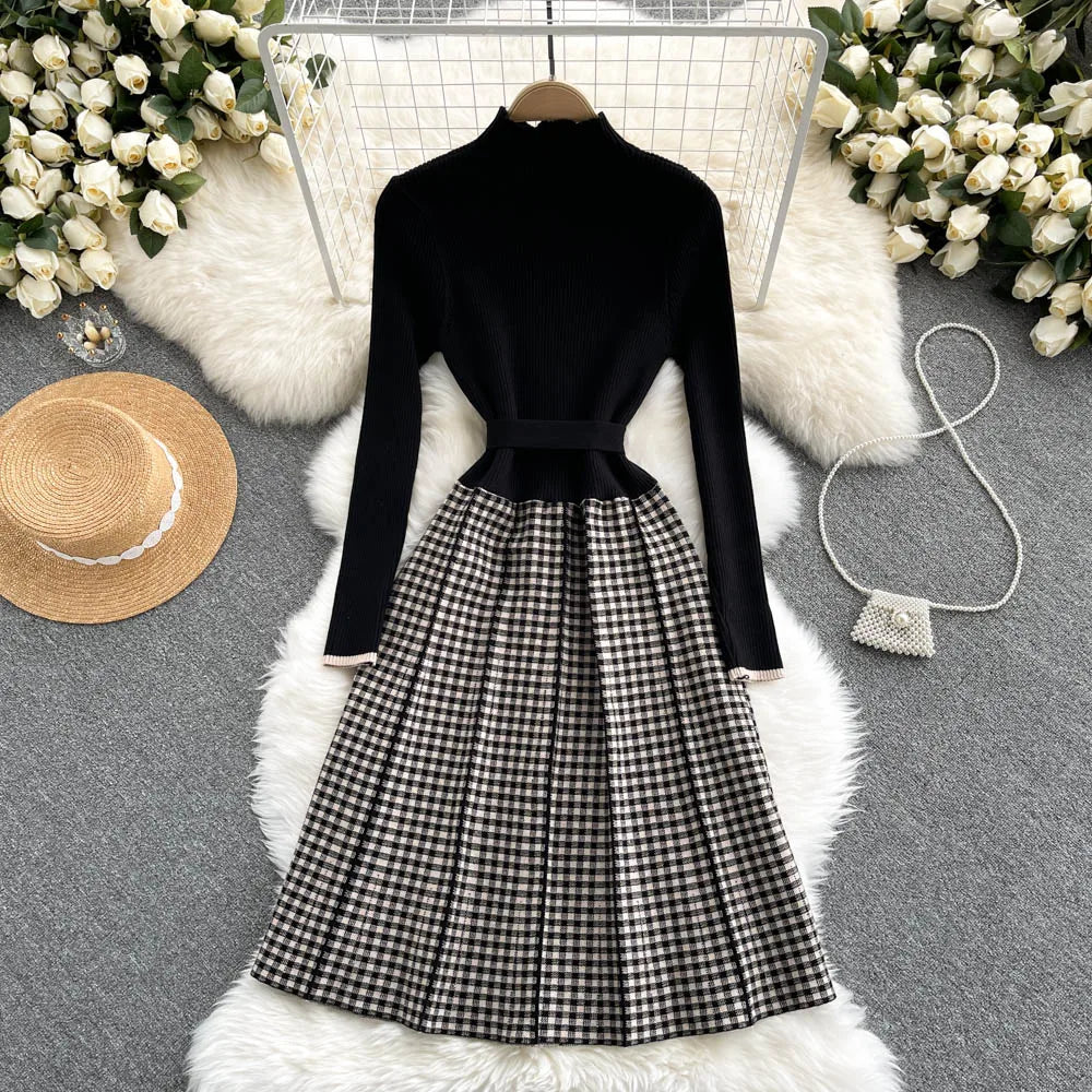 Women Chic Elegant Patchwork Half High Collar Long Sleeve Bodycon Knit Dress Sexy Fashion Elastic Slim A-line Dress