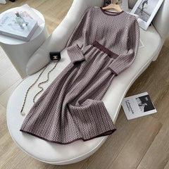 Vintage Women O Neck Knitted Two Piece Set Autumn Winter Striped Thick Long Sleeve Sweater + High Quality A Line Midi Skirt Suit