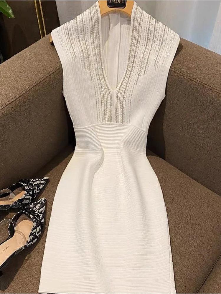 Summer Dress For Women Diamonds, Sexy Club Style V-neck Sleeveless Elegant Dresses Elastic High Waist - Trendy Mix