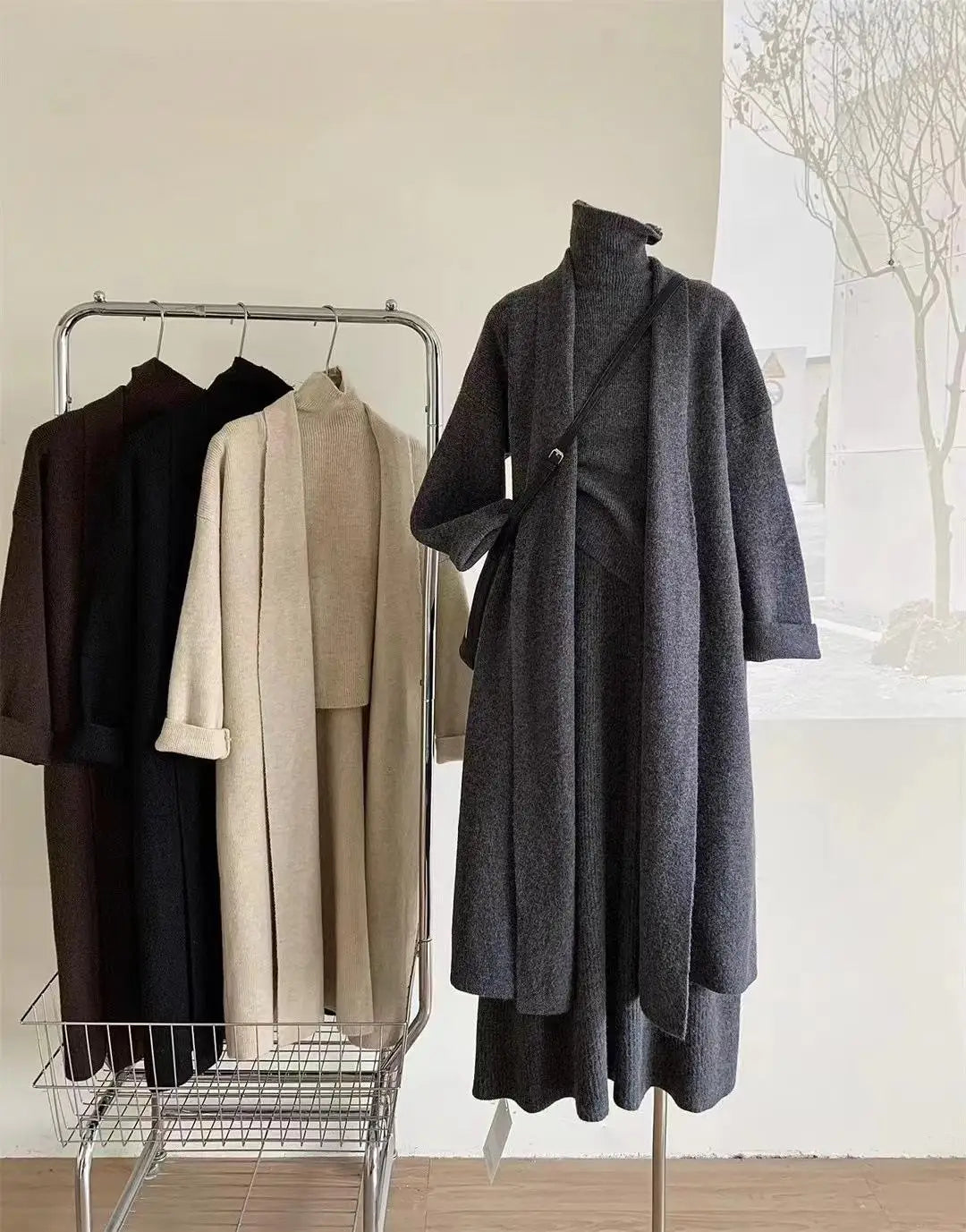 Cozy Thickened Knitted High Neck Tank Top Long Lapel Coat Loose Skirt Sweater 3 Pieces Set Solid Winter Robe Ribbed Woman Sets