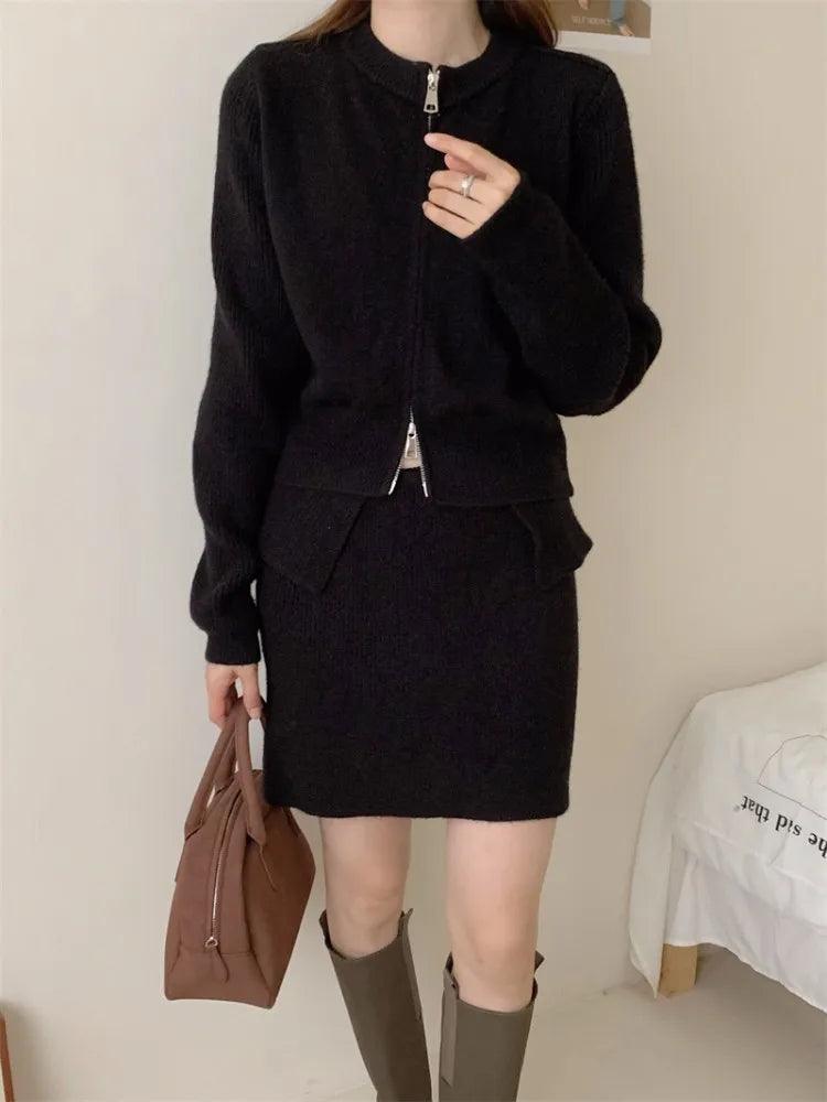 Double Zipper Sweater & High-Waisted Skirt Set