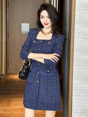 Elegant Retro Blue Tweed Mini Dress