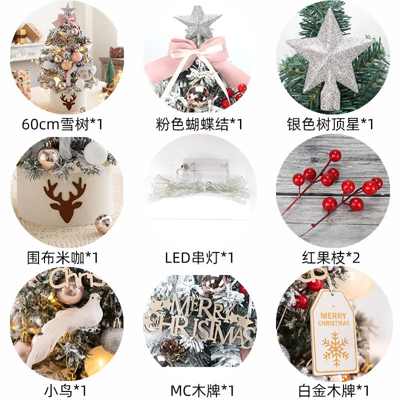 45/60cm Mini Christmas Tree With Lights DIY Desktop Golden Red Christmas Decorations 2024 New Year Home Party Windows Ornaments