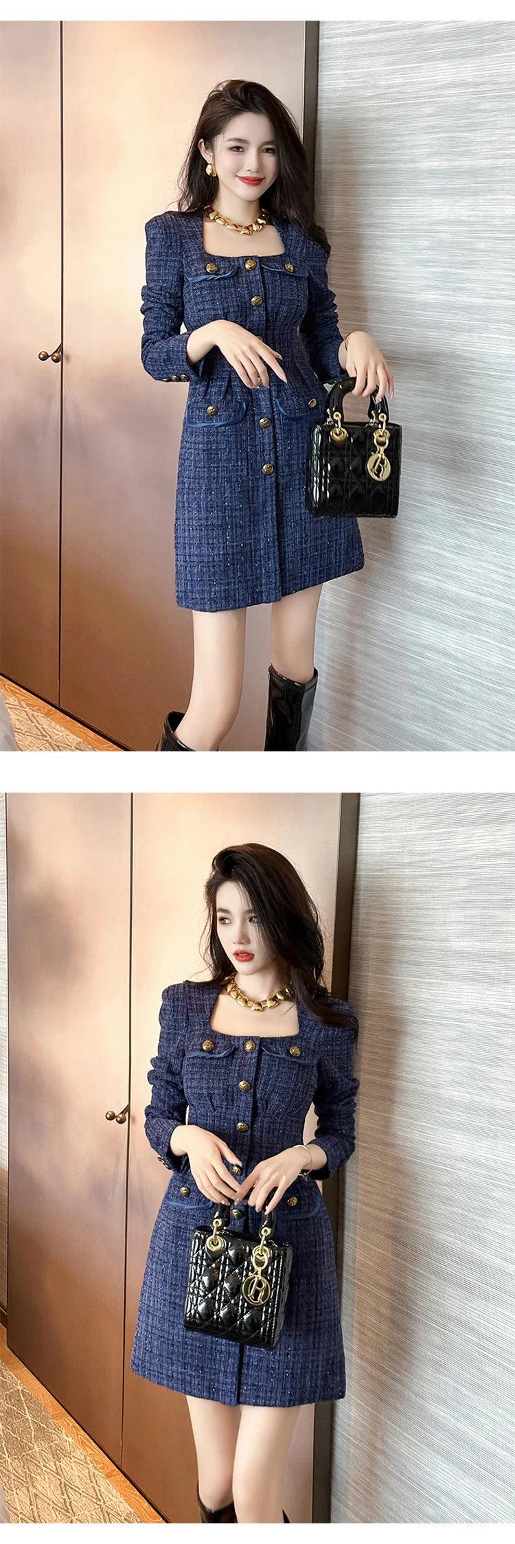 Elegant Retro Blue Tweed Mini Dress