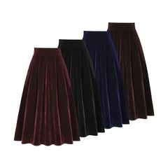 Korean Solid Color Velvet Skirts High Waist Women's Autumn Winter Skirts Pockets Side A Line Pleated Skirts