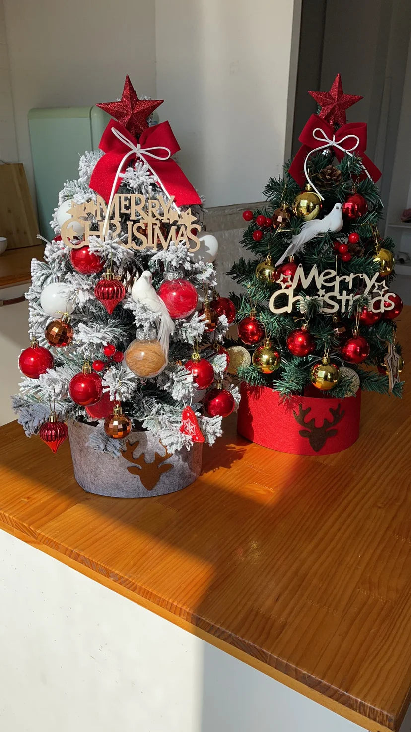 45/60cm Mini Christmas Tree With Lights DIY Desktop Golden Red Christmas Decorations 2024 New Year Home Party Windows Ornaments