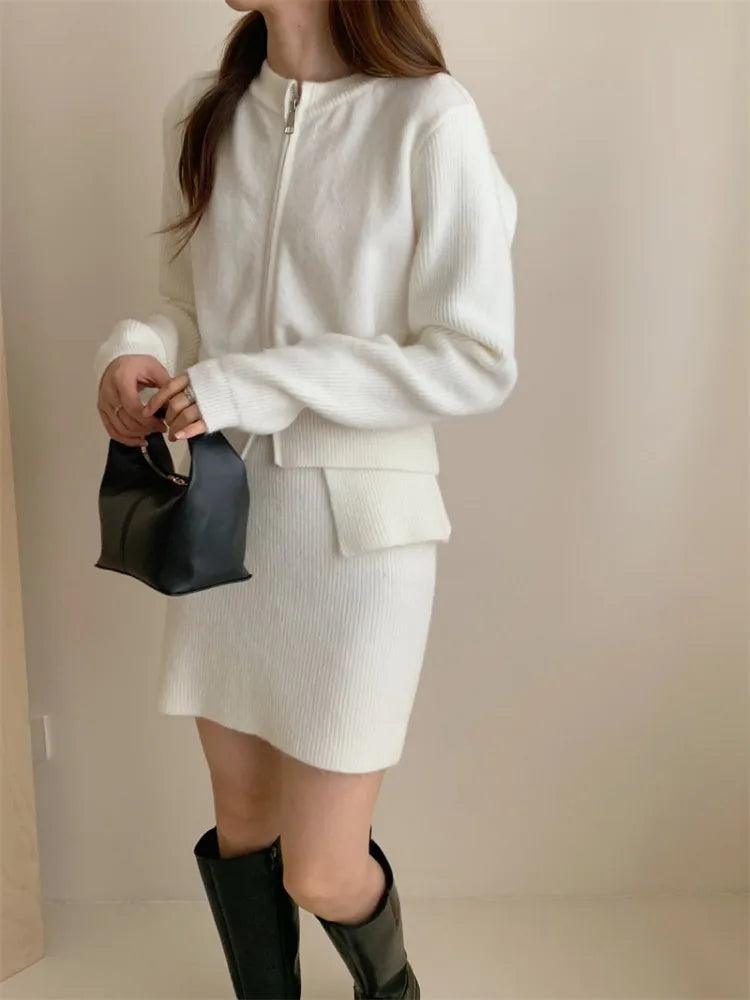 Double Zipper Sweater & High-Waisted Skirt Set