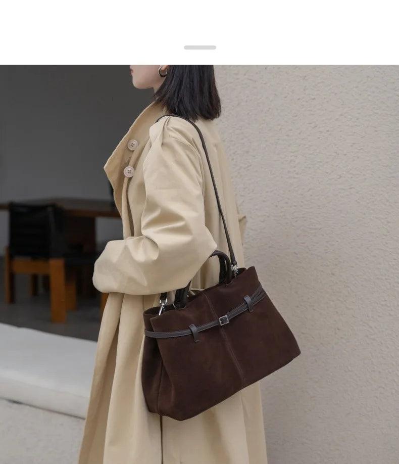 High-Class Camel Suede Leather Tote – Elegant Commuter Briefcase