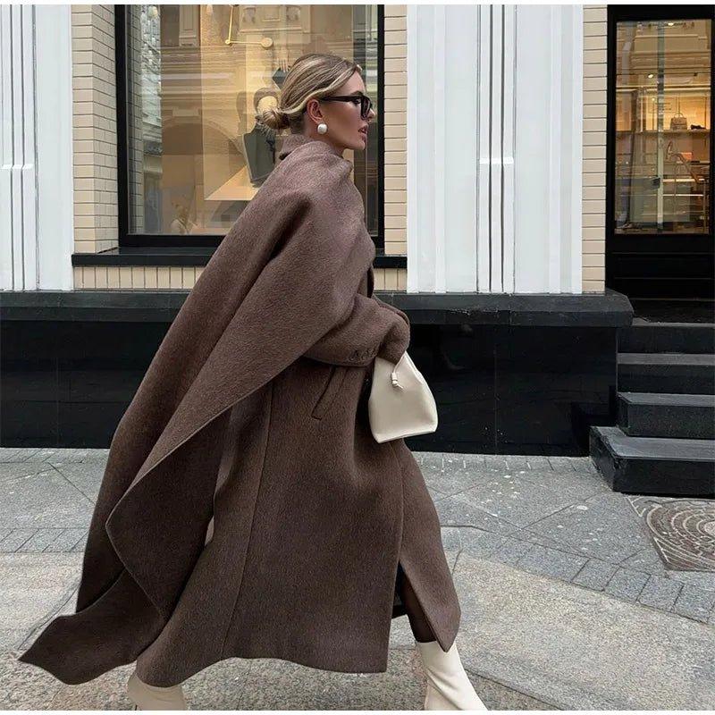 2024 Brown Scarf Collar Wool Overcoat with Belt - Trendy Mix