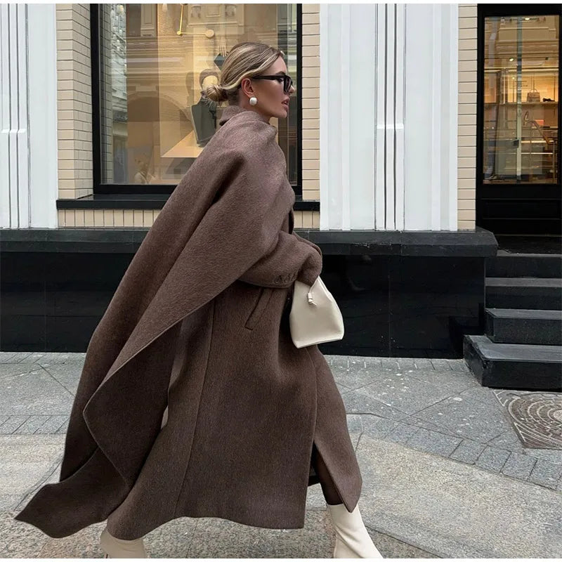 2024 Brown Scarf Collar Wool Overcoat with Belt