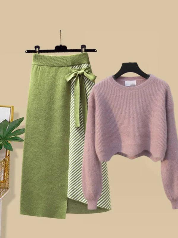 Women Autumn Winter Warm Knitted Two Pieces Sets Korean Long Sleeve Pullover Sweater Top And High Waist Skirts Sets