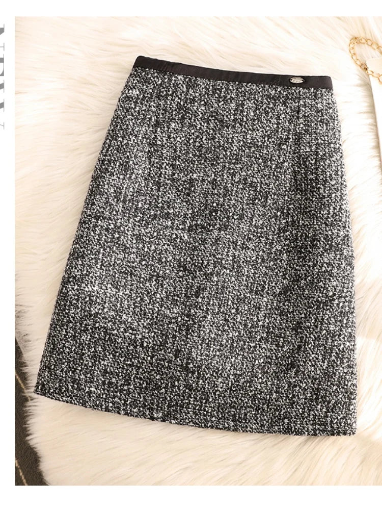 Autumn and Winter  new High Waist A-line Skirt Ladies Thickened Woolen Sequin Sexy Split Mid Skirt