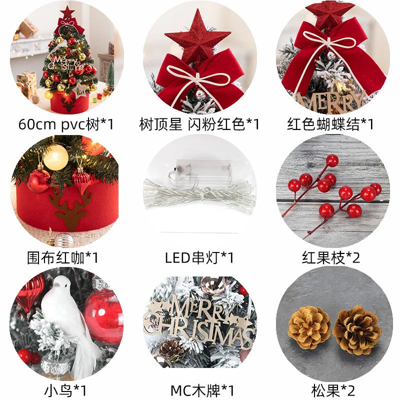 45/60cm Mini Christmas Tree With Lights DIY Desktop Golden Red Christmas Decorations 2024 New Year Home Party Windows Ornaments