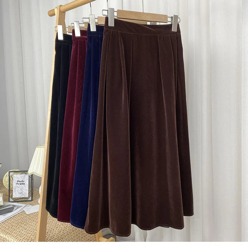 Korean Solid Color Velvet Skirts High Waist Women's Autumn Winter Skirts Pockets Side A Line Pleated Skirts