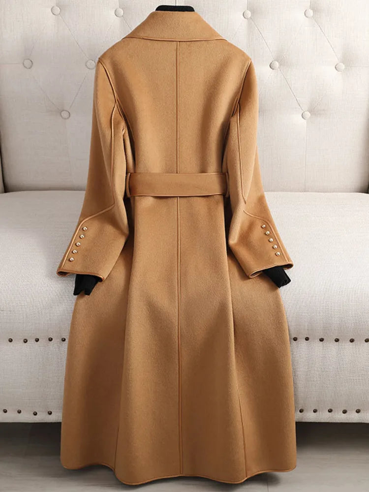 Long Double Sided Wool Coat Lapel Solid Color Belt Winter Coats Women Elegant Style High End Clothing