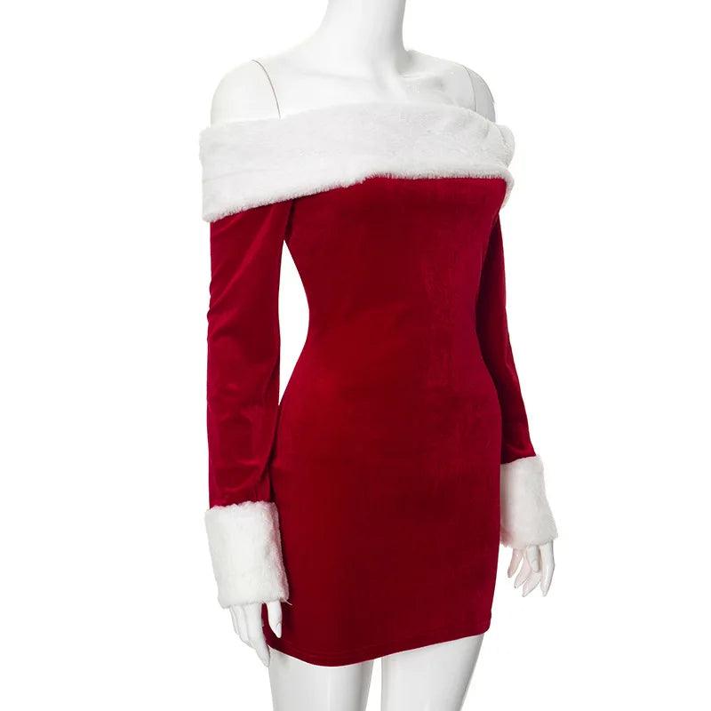 Winter Christmas Glam Faux Fur Off-Shoulder Mini Dress - Trendy Mix