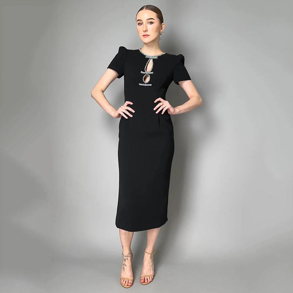 2024 Women’s Black Hollow Diamond Bandage Midi Dress - Trendy Mix