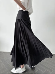 French Style Patchwork Pleated Skirt Pleated Contrasting Colors, High Waisted Women's Versatile Long Skirt