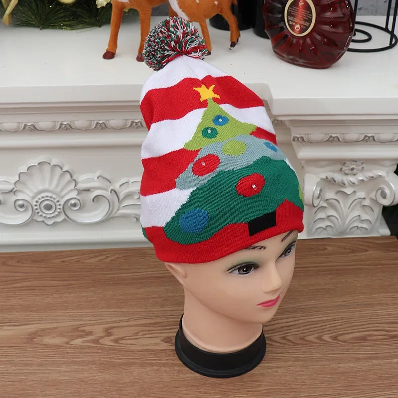 2025 Christmas Hat Santa Claus Hat LED Illuminated Cartoon Pattern Christmas Decorative Knitted Brimless Hat New Year Gift