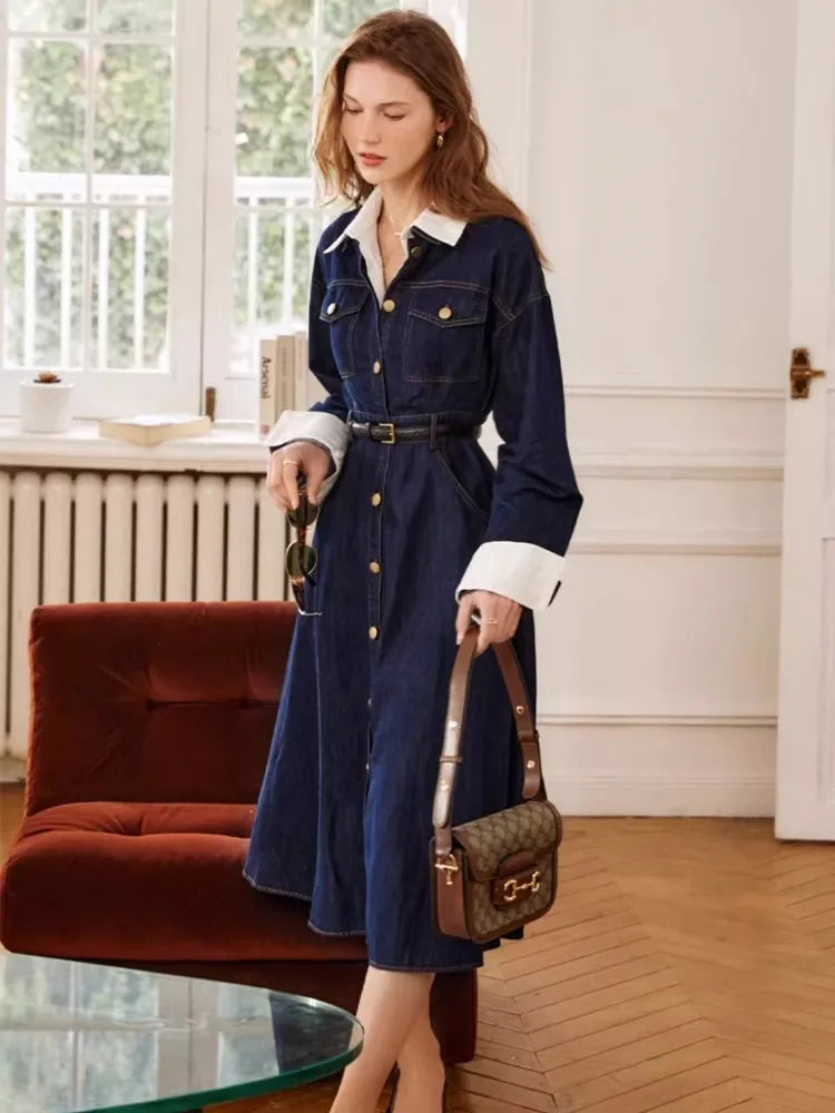 French Retro Blue Denim Lapel Dress