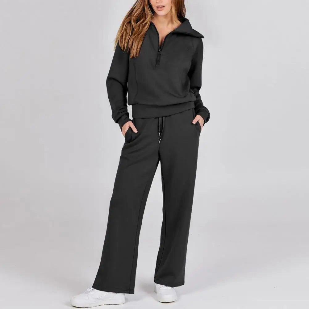 1Set Women Two - piece Suit Wide Leg Oversized Sweatshirt Pants Set Thick Loose Solid Color Tracksuit Set with Lapel Coat for Fall - Trendy Mix