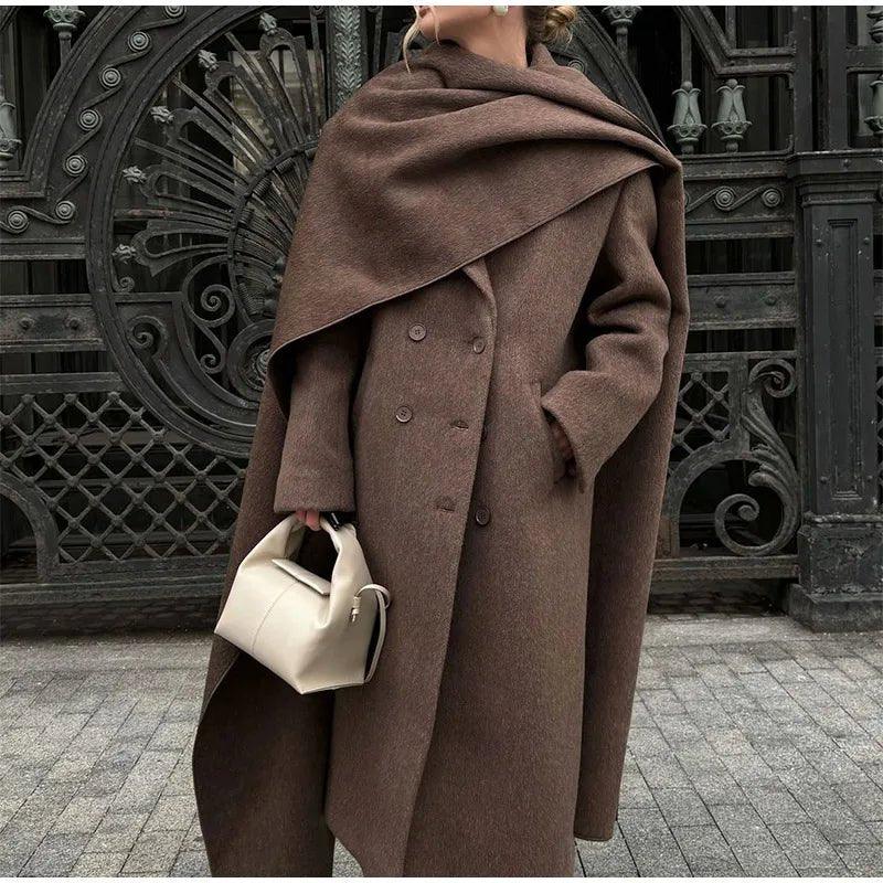 2024 Brown Scarf Collar Wool Overcoat with Belt - Trendy Mix