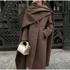 2024 Brown Scarf Collar Wool Overcoat with Belt