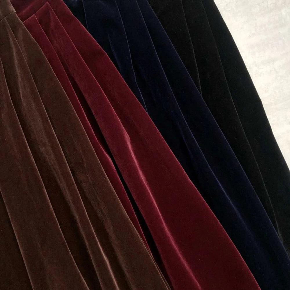 Korean Solid Color Velvet Skirts High Waist Women's Autumn Winter Skirts Pockets Side A Line Pleated Skirts