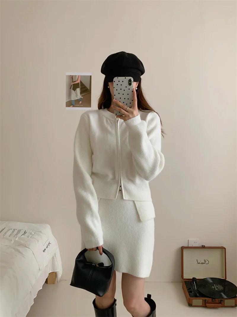 Double Zipper Sweater & High-Waisted Skirt Set