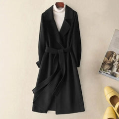 Autumn Winter Women Woolen Coat Lapel Long Sleeve Mid-length Jacket With Belt Solid Color Mid-calf Length Overcoat For Daily