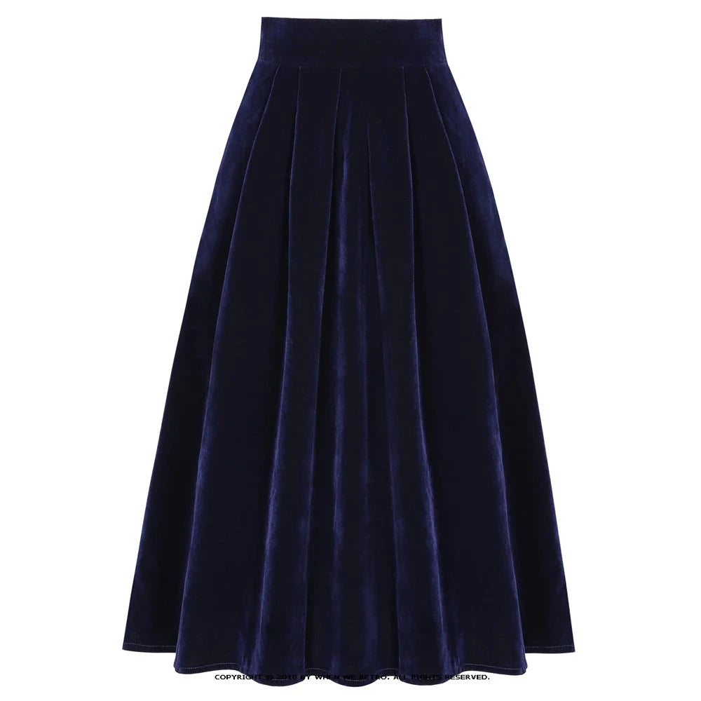 Korean Solid Color Velvet Skirts High Waist Women's Autumn Winter Skirts Pockets Side A Line Pleated Skirts