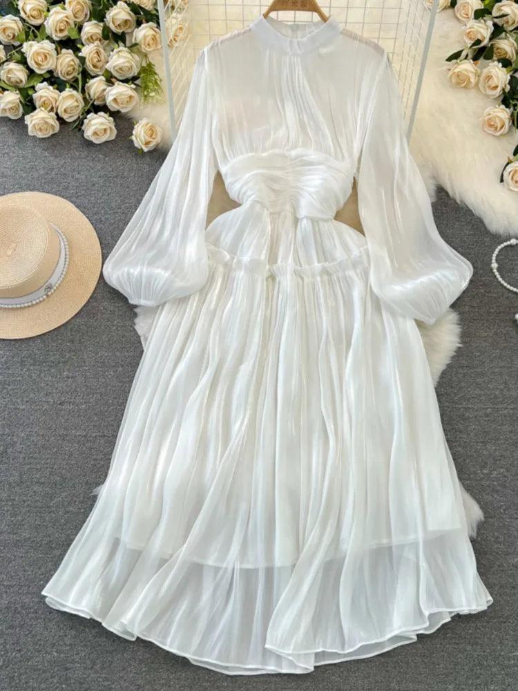 Women Holiday Style High Waist Pleated A-line Dresses Stand Collar Lantern Sleeve Vestidos Spring Summer 2024 - Trendy Mix