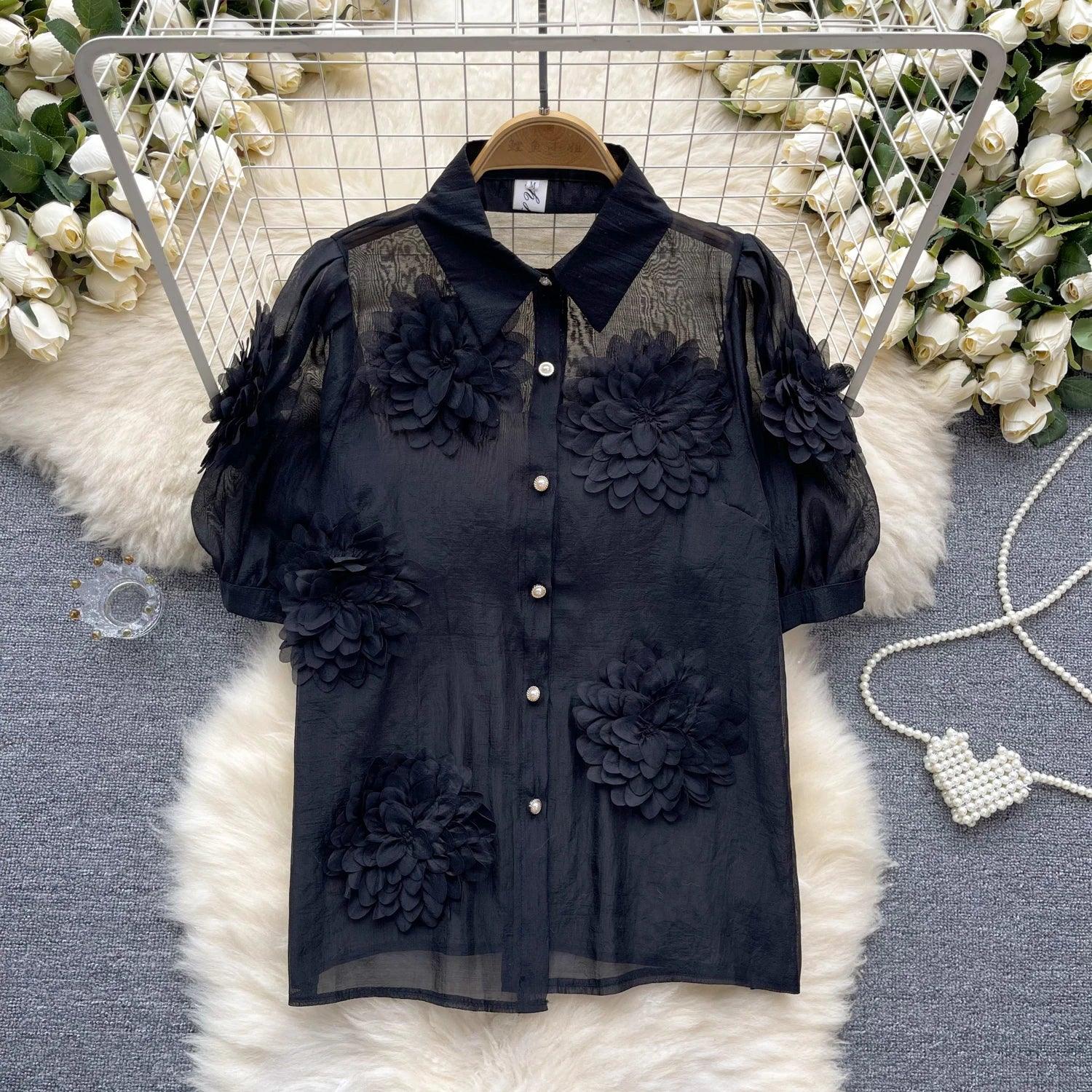 2024 French Chic 3D Flower Blouse - Trendy Mix