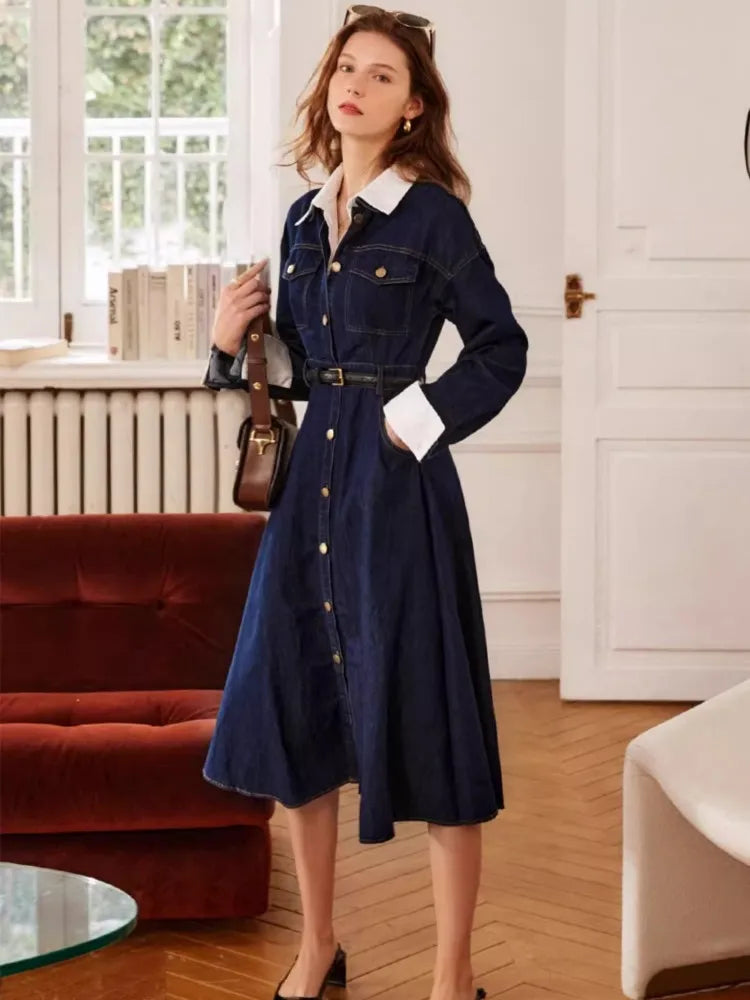 French Retro Blue Denim Lapel Dress