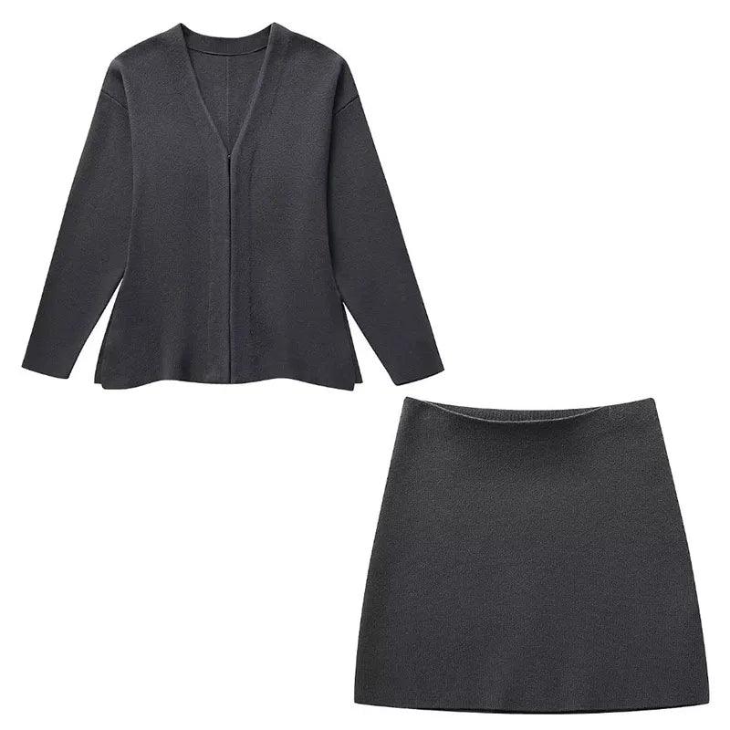 V-Neck Cardigan & High-Waist Mini Skirt Set