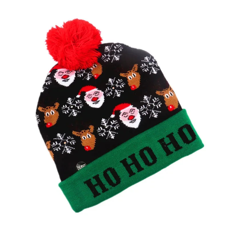 2025 Christmas Hat Santa Claus Hat LED Illuminated Cartoon Pattern Christmas Decorative Knitted Brimless Hat New Year Gift