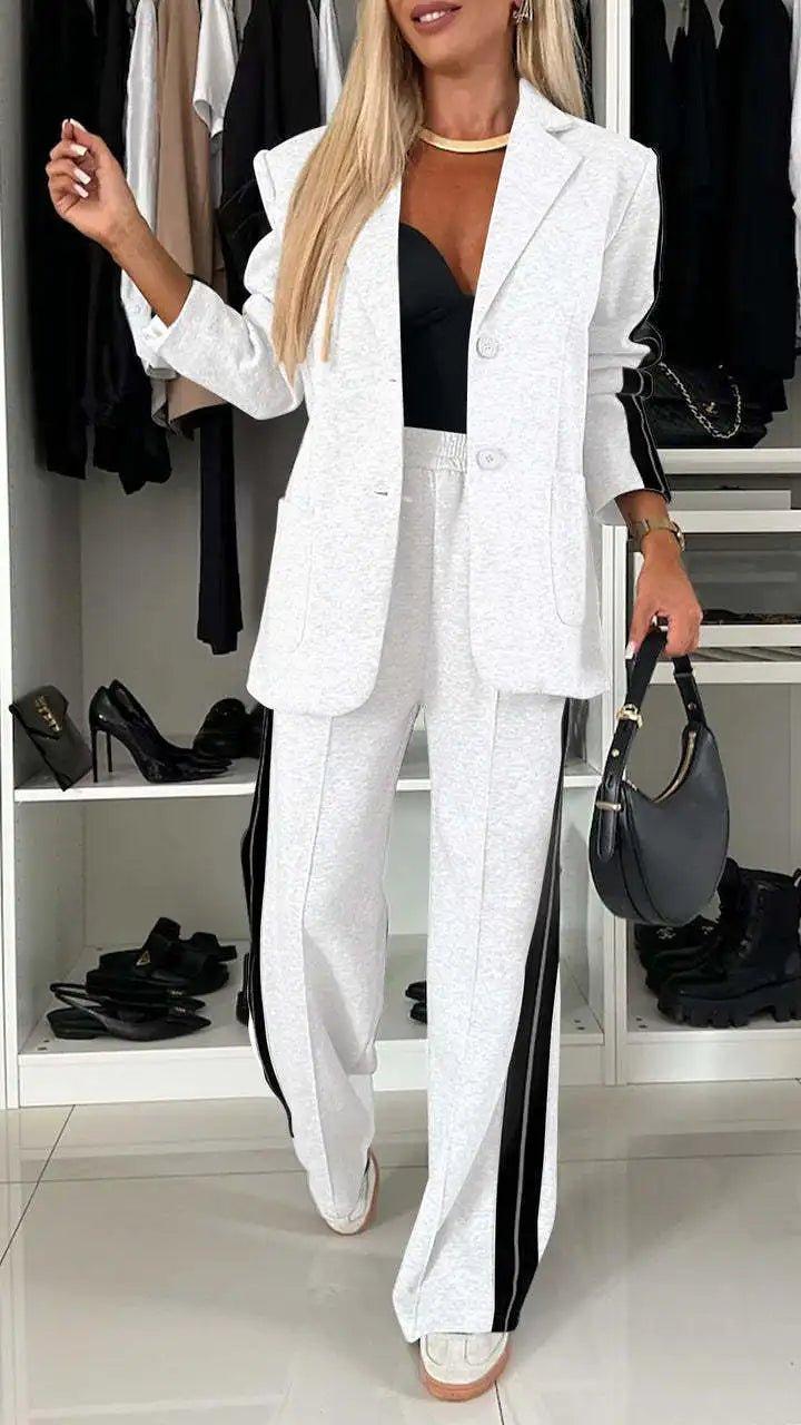 2 Piece Set Women Outfit Winter Fall Fashion V - neck Long Sleeve Blazer Coat Elegant Straight Leg Pant Set Women Sports Clothing - Trendy Mix