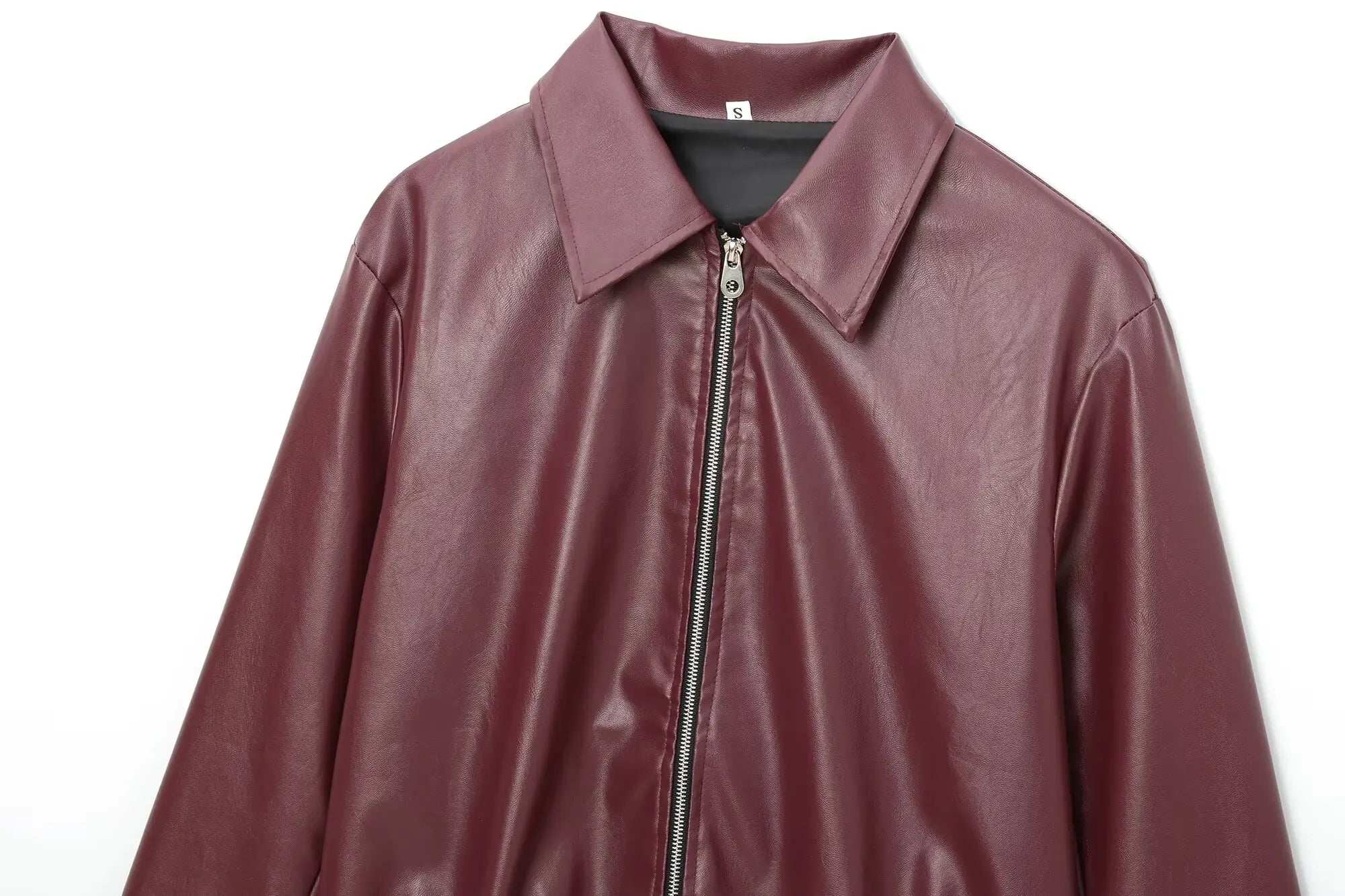 Faux Leather Lapel Jacket with Zipper