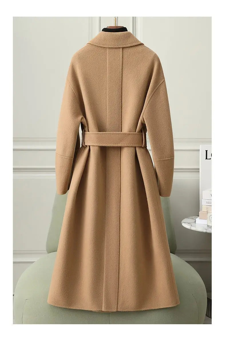 Korean Style Ladies Long Below The Knee Double-Sided Cashmere Coat Fashion Lace-up Hepburn Style Casual Women Woolen Outwear